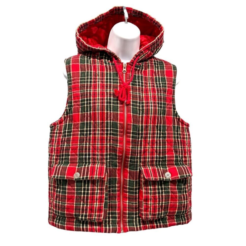VTG Jones‎ New York Quilted Plaid Vest Zip Up Hooded Chore Preppy Outdoor Size M